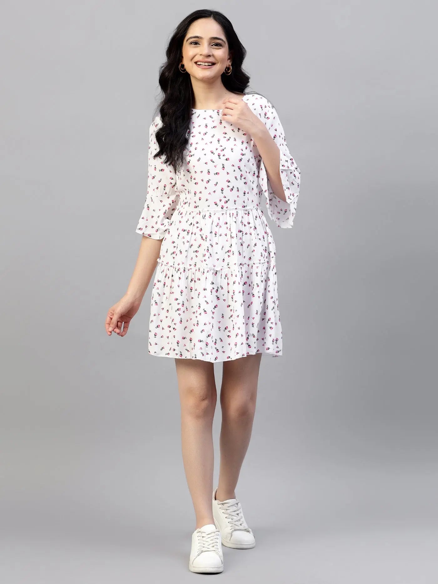 Floral Printed Bell Sleeve Tiered Fit & Flare Dress hencemade