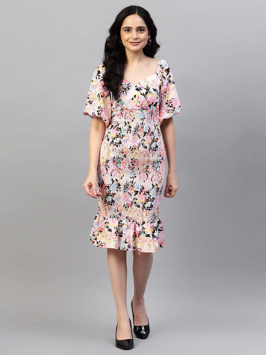 Printed Smocking Fitted Dresses hencemade