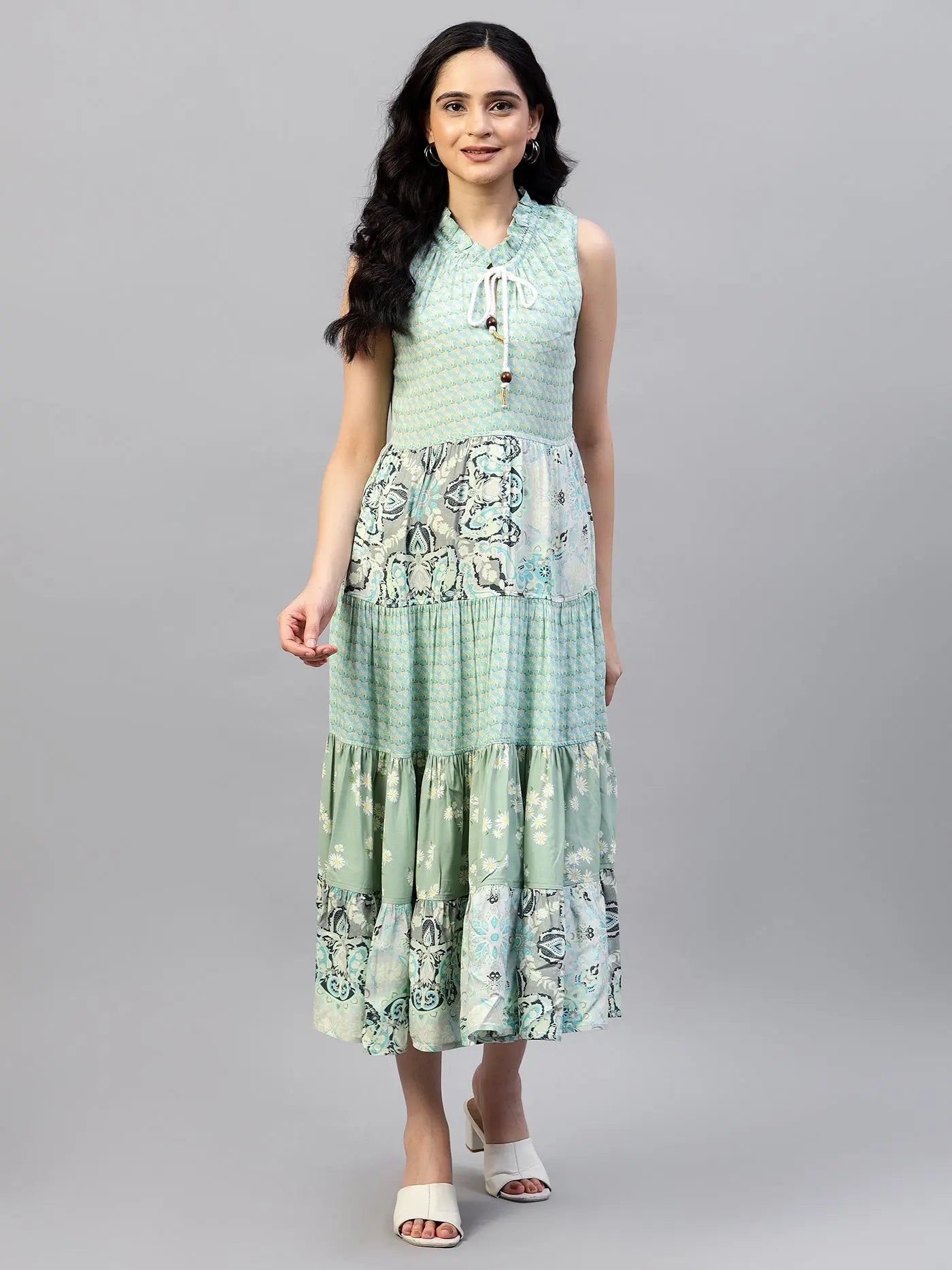 Sea Green Mix & Match Viscose Midi Dress | Easy Style Hencemade Sea Green Mix & Match Viscose Midi Dress | Easy Style Hencemade