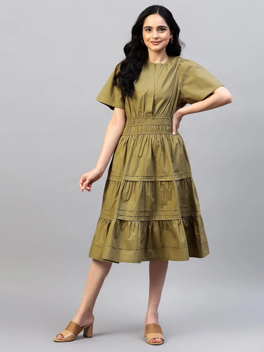 Puff Sleeves Smocked Detailed Tiered Cotton Fit & Flare Midi Dress hencemade