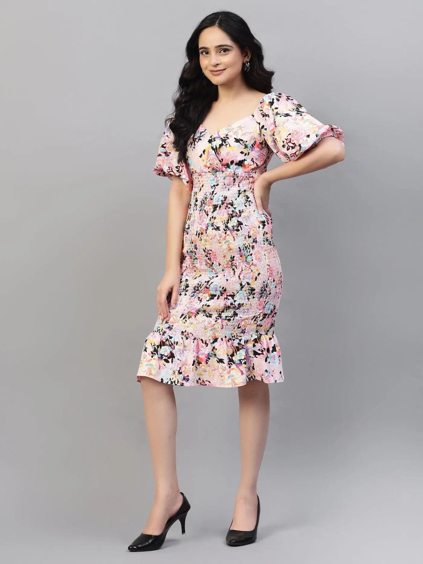 Printed Smocking Fitted Dresses hencemade