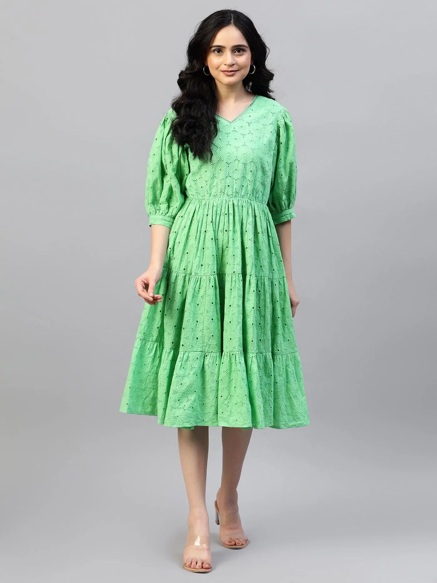 Mint Green Schiffli Midi Dress - V-Neck & Balloon Sleeves Hencemade Mint Green Schiffli Midi Dress - V-Neck & Balloon Sleeves Hencemade