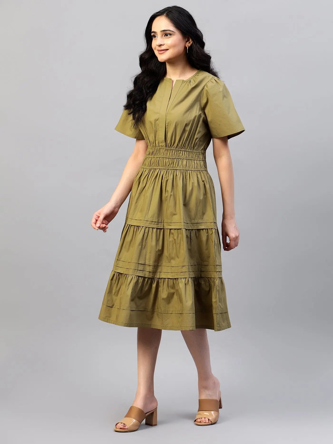 Puff Sleeves Smocked Detailed Tiered Cotton Fit & Flare Midi Dress hencemade