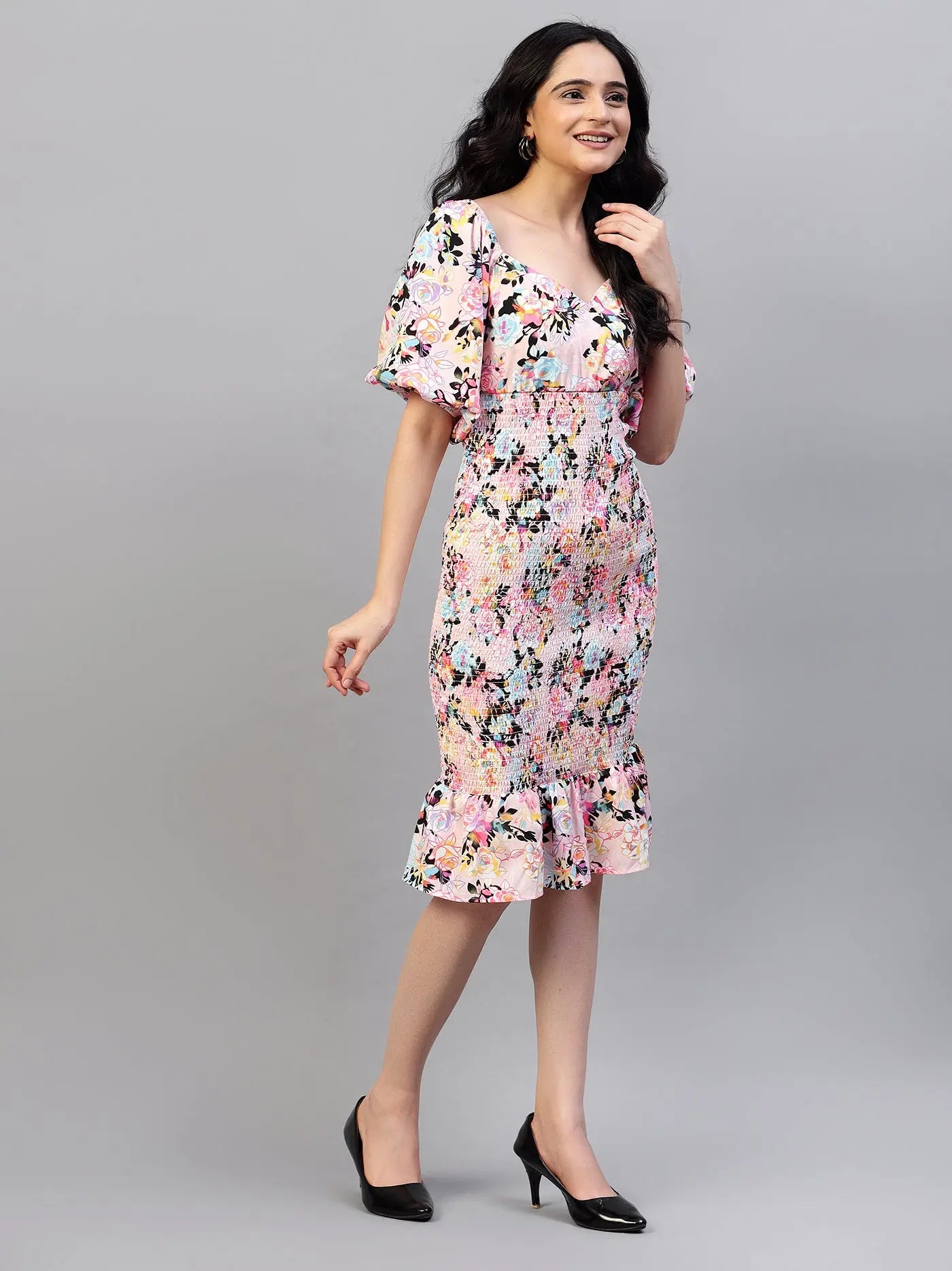 Printed Smocking Fitted Dresses hencemade