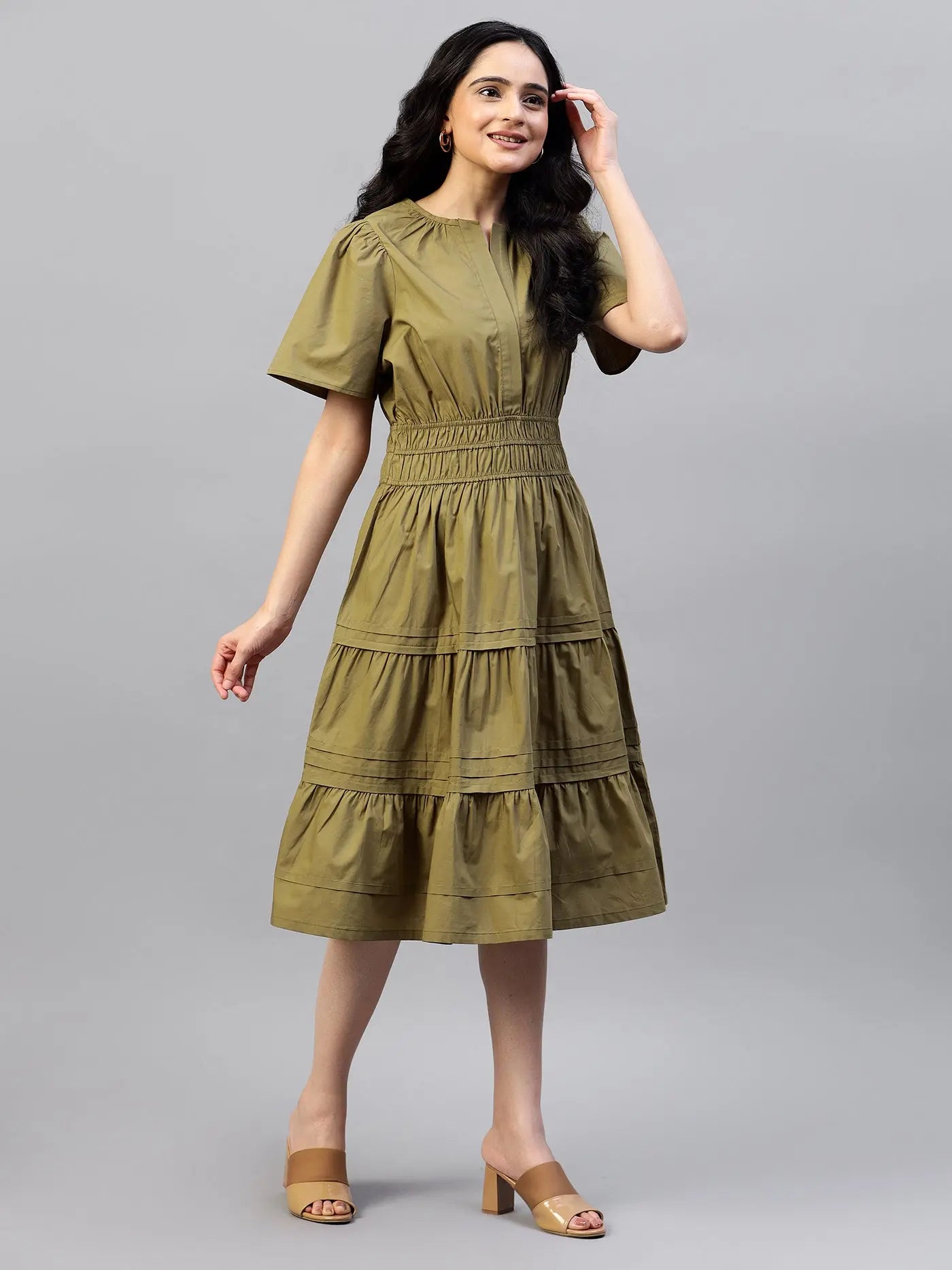 Puff Sleeves Smocked Detailed Tiered Cotton Fit & Flare Midi Dress hencemade