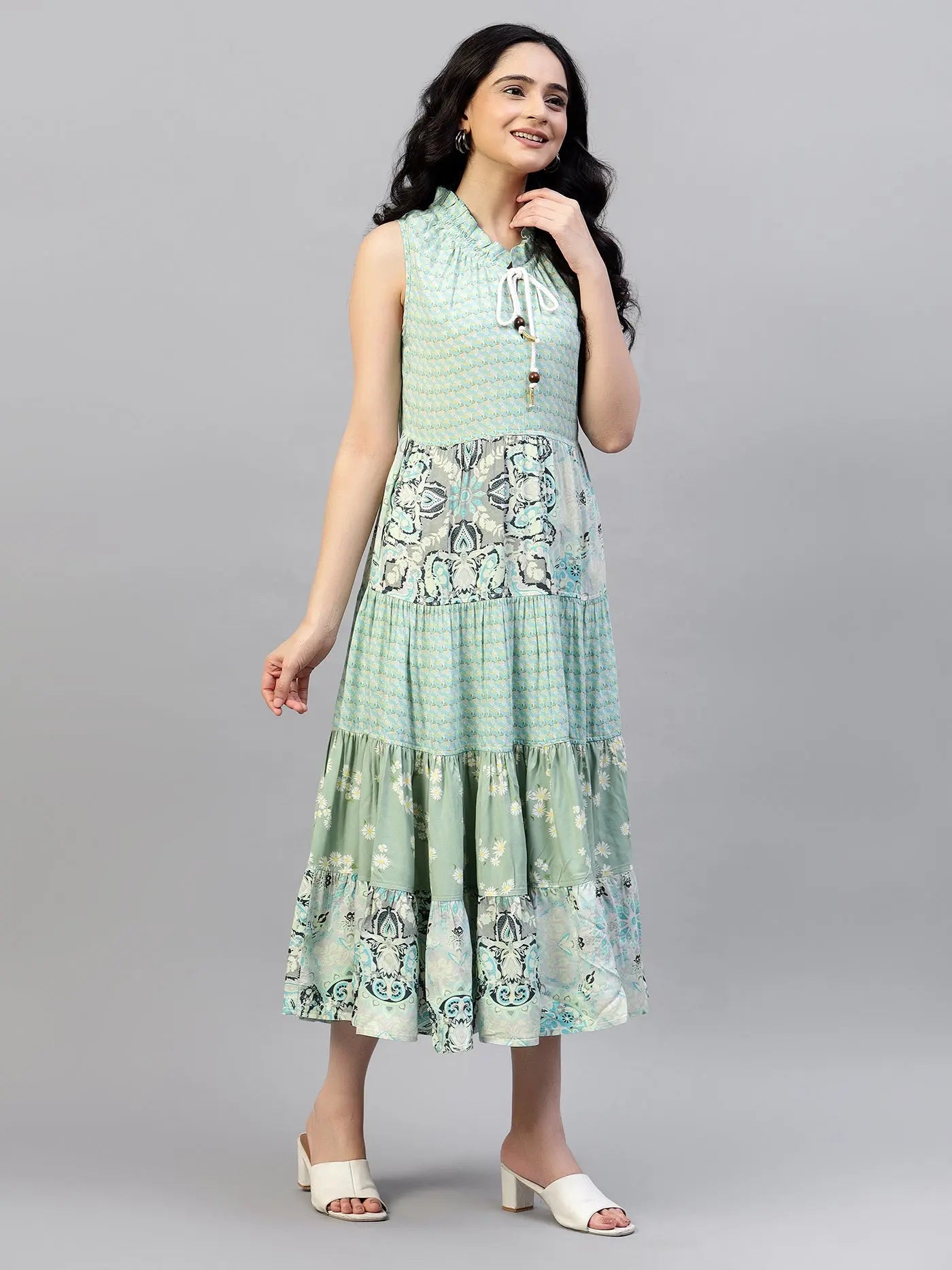Sea Green Mix and Match Viscose Midi Dress HENCEMADE