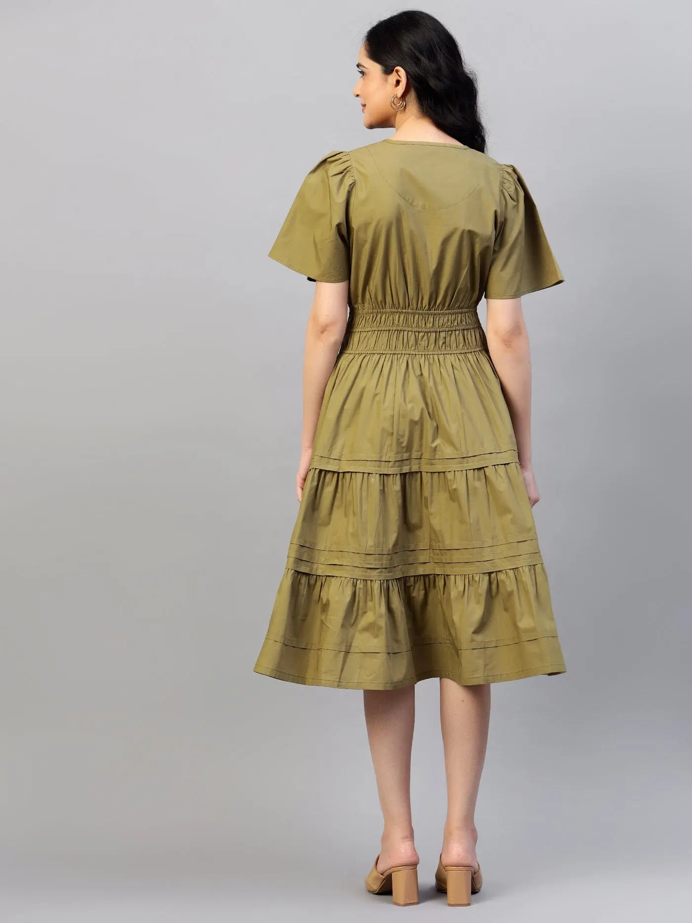 Puff Sleeves Smocked Detailed Tiered Cotton Fit & Flare Midi Dress hencemade