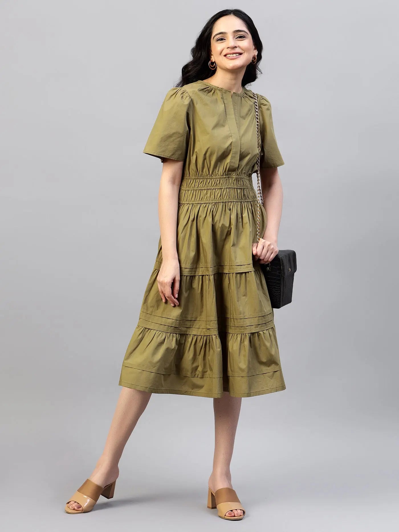 Puff Sleeves Smocked Detailed Tiered Cotton Fit & Flare Midi Dress hencemade