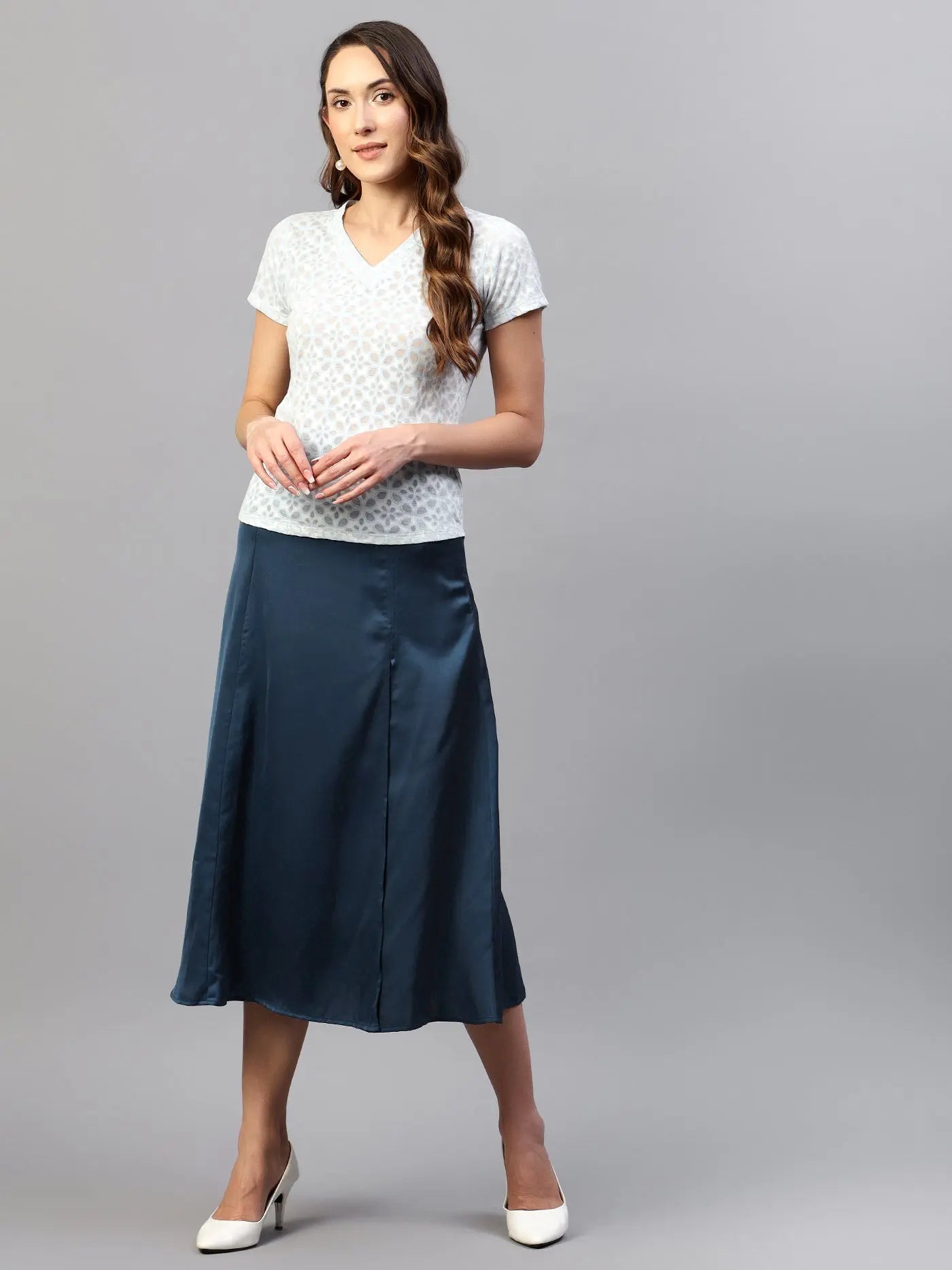 Teal Front Slit Midi A-Line Skirt | Elastic Waistband, Flared Hem hencemade