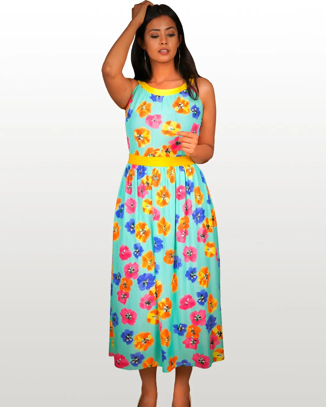 Bright Floral Green Boat Neck Dress Hencemade