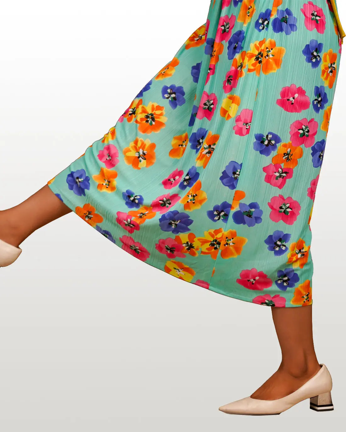 Bright Floral Green Boat Neck Dress Hencemade
