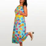 Bright Floral Green Boat Neck Dress Hencemade