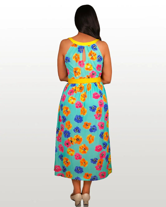 Bright Floral Green Boat Neck Dress Hencemade