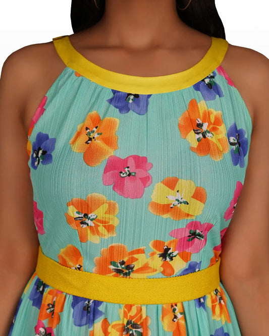 Bright Floral Green Boat Neck Dress Hencemade
