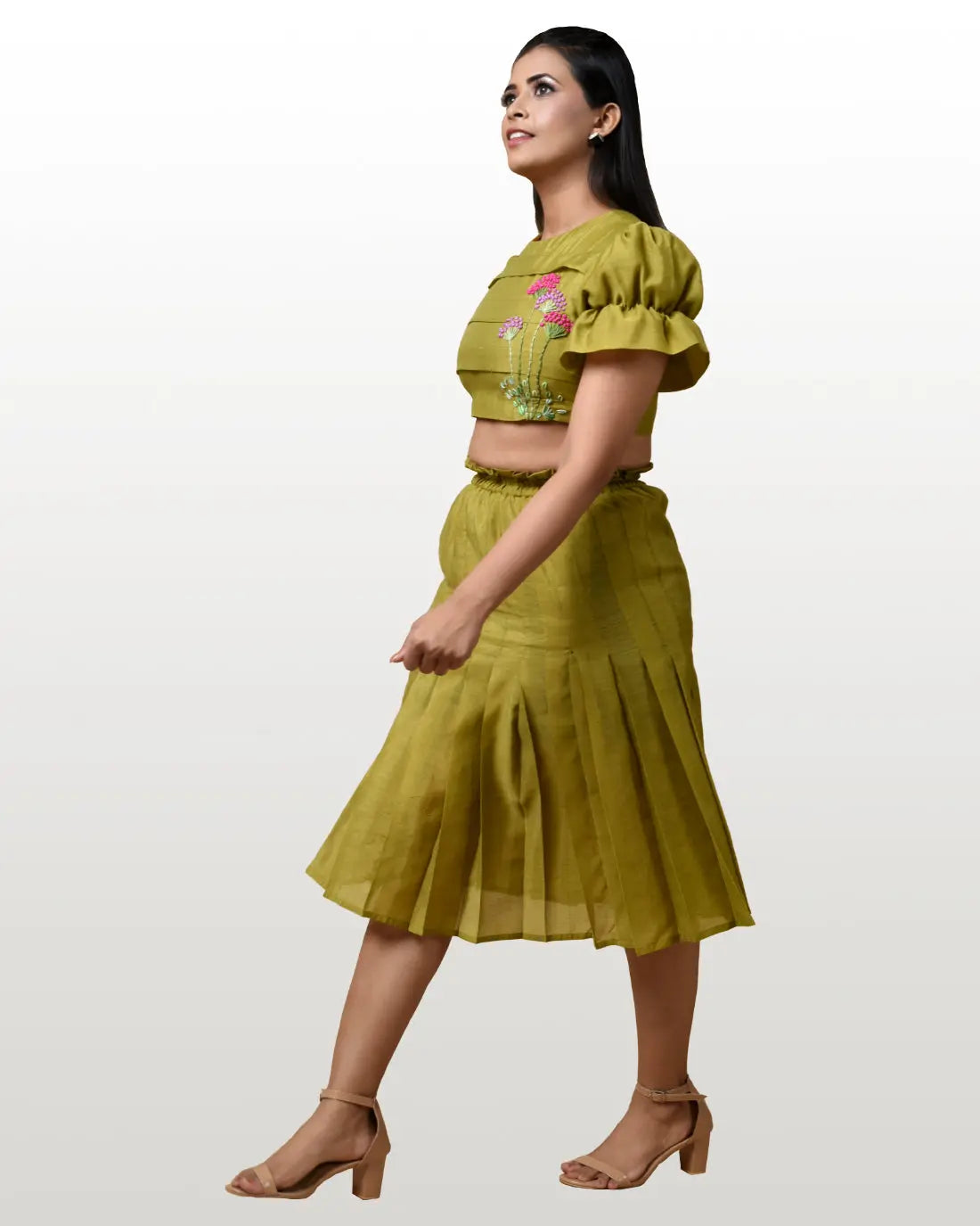 Urban Olive Green Hand Embroidered Skirt Set hencemade