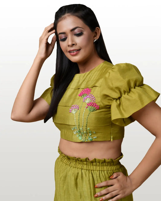Urban Olive Green Hand Embroidered Skirt Set hencemade