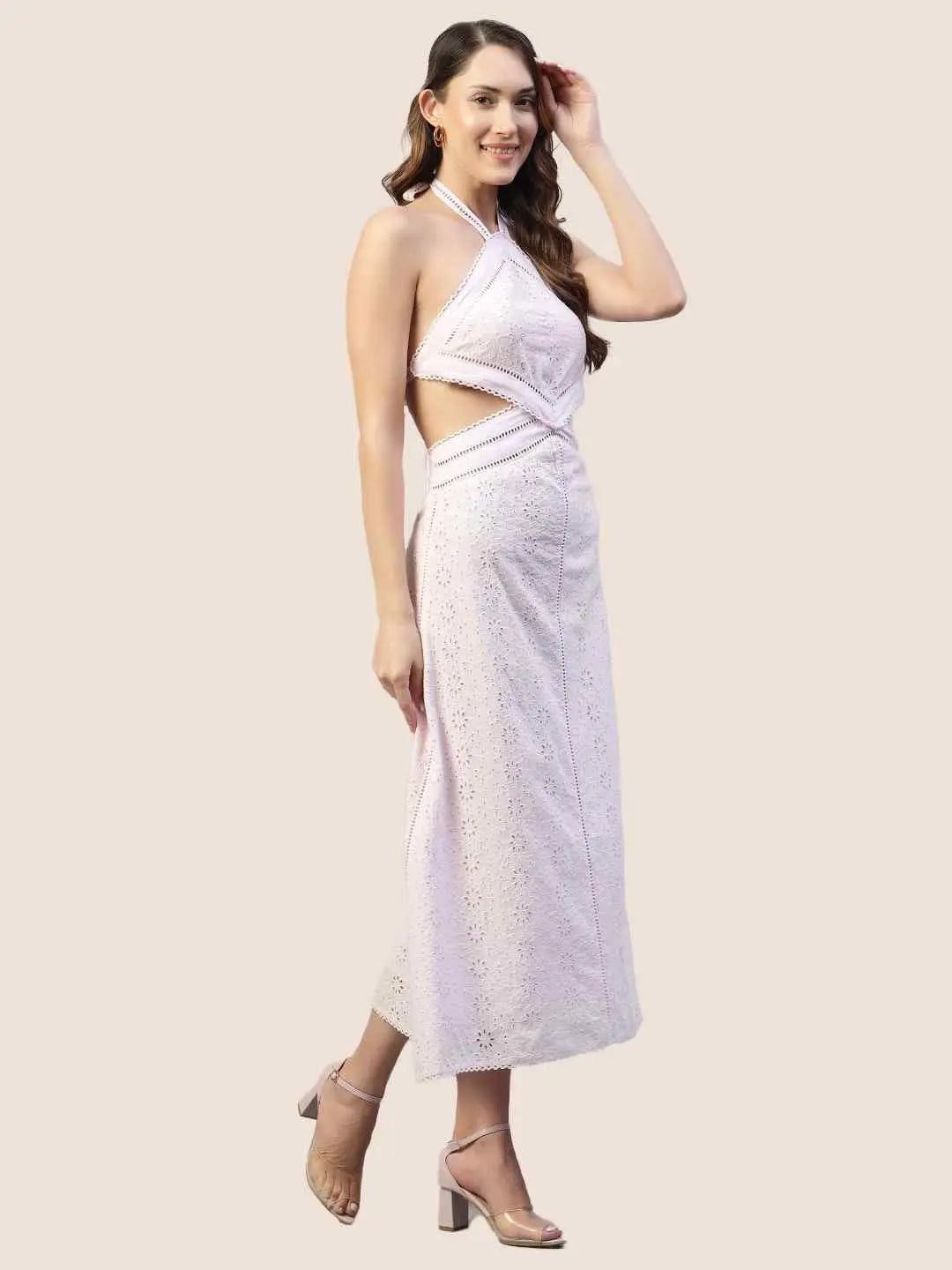 White Schiffli Waist Cutout Dress hencemade