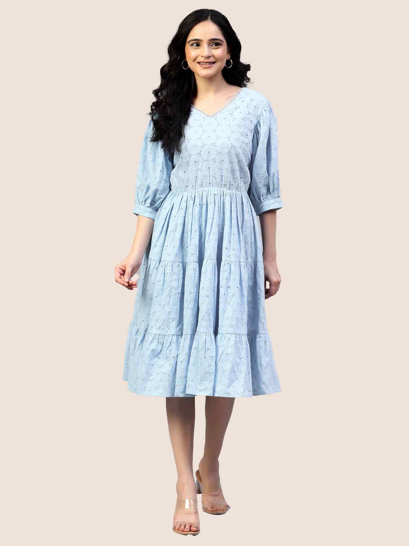 Sky Blue Schiffli Midi Dress hencemade