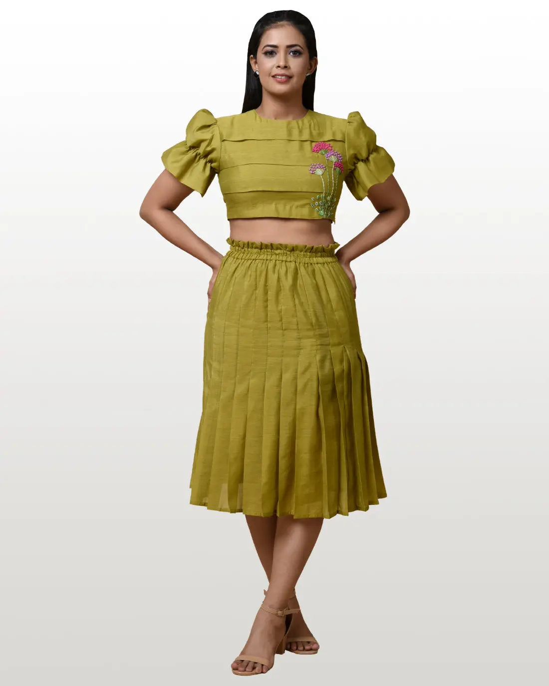 Urban Olive Green Hand Embroidered Skirt Set hencemade