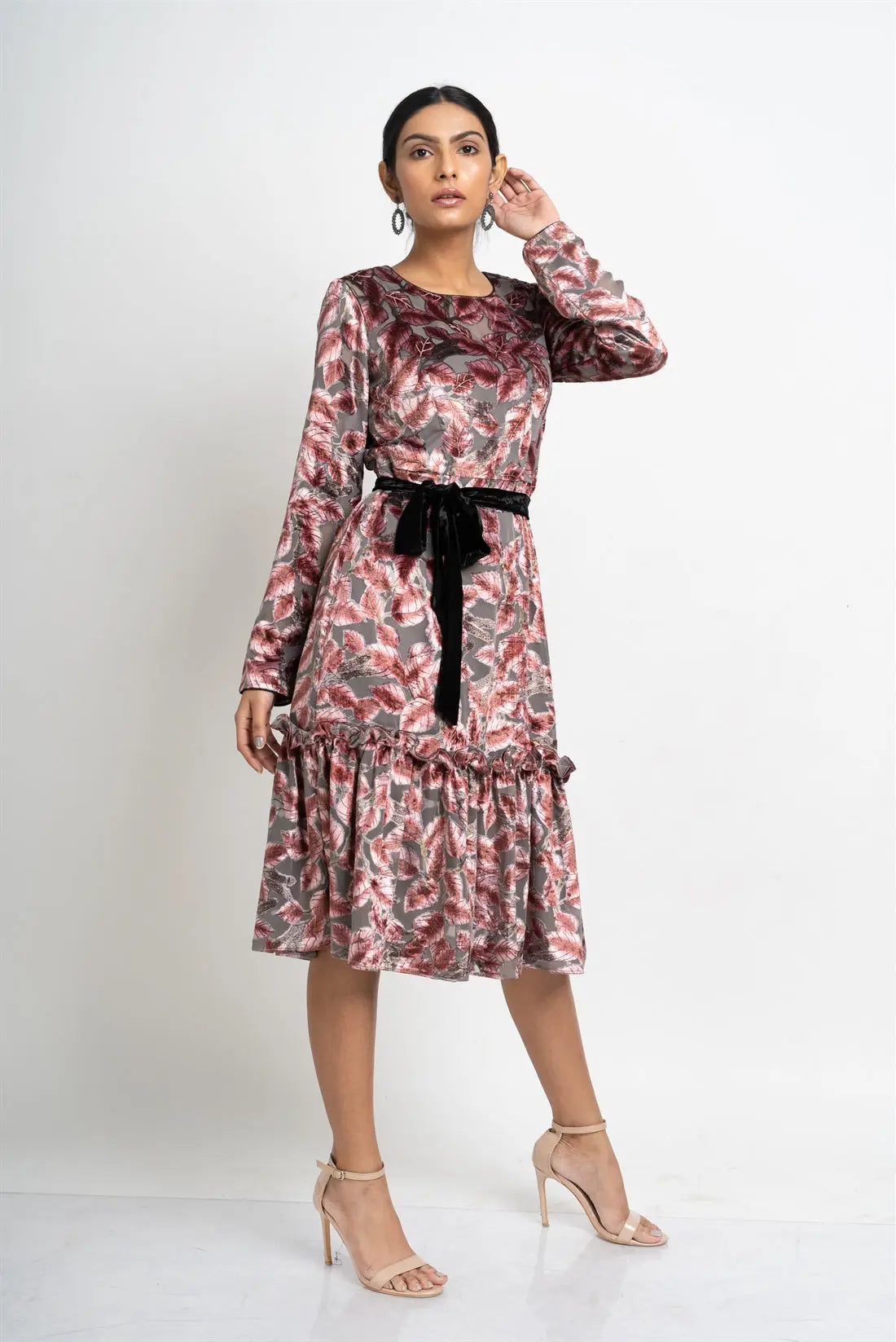 Floral Grey Ruffled Velvet Dress hencemade