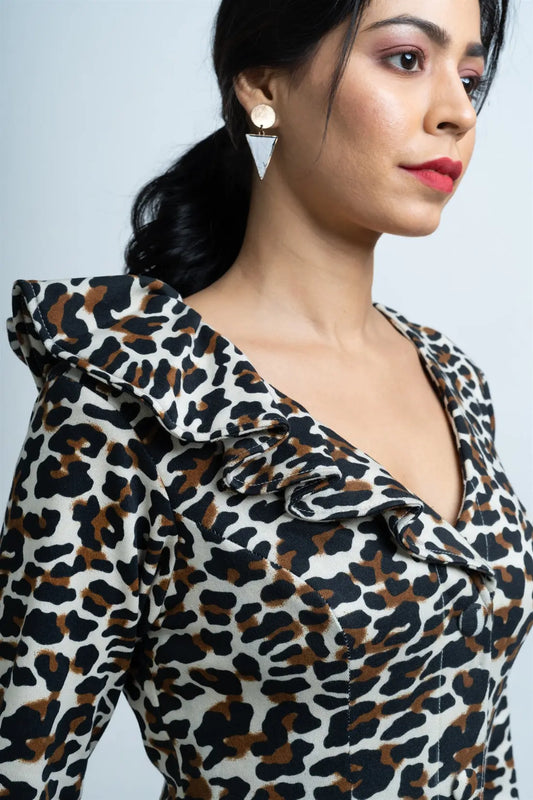 Printed Fleece Button Down Flared Dress hencemade