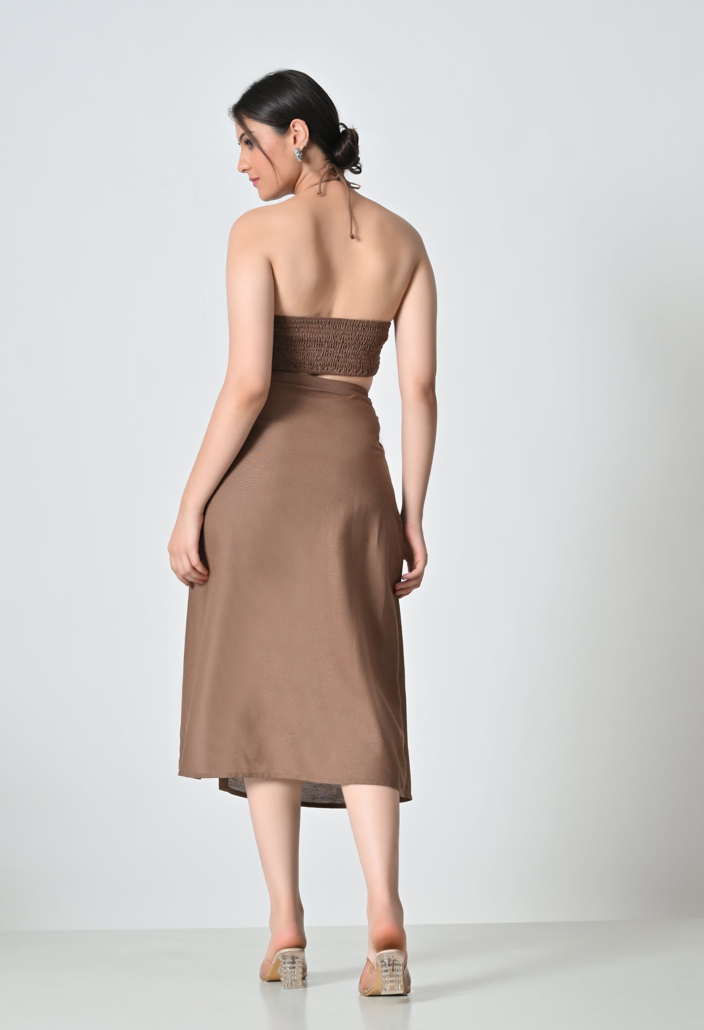 Brown Linen Co-ord Set with Floral Embroidered Top