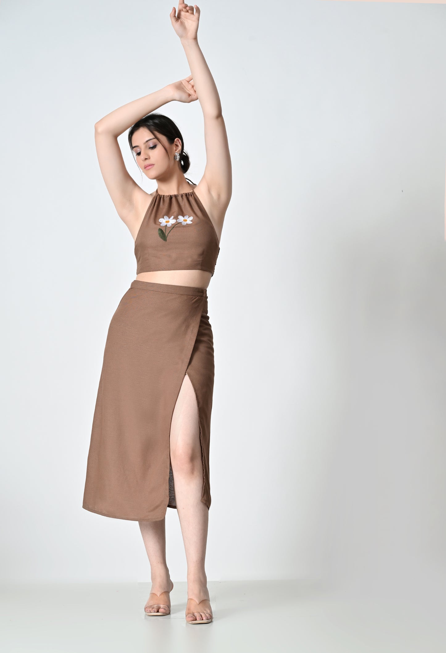 Brown Linen Co-ord Set with Floral Embroidered Top