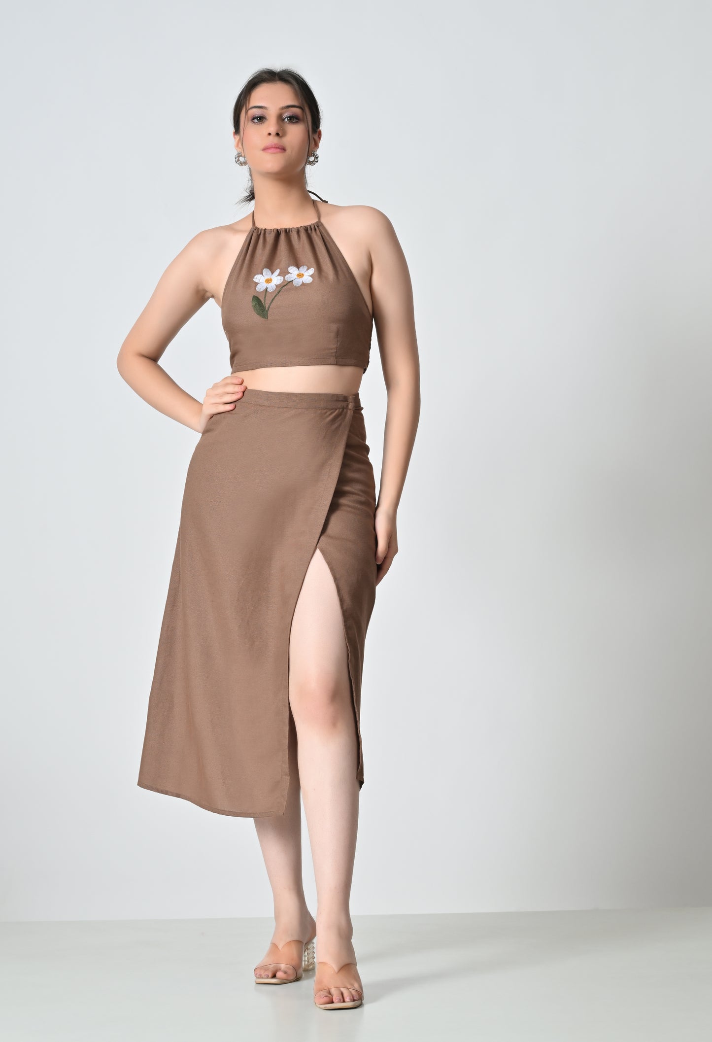 Brown Linen Co-ord Set with Floral Embroidered Top