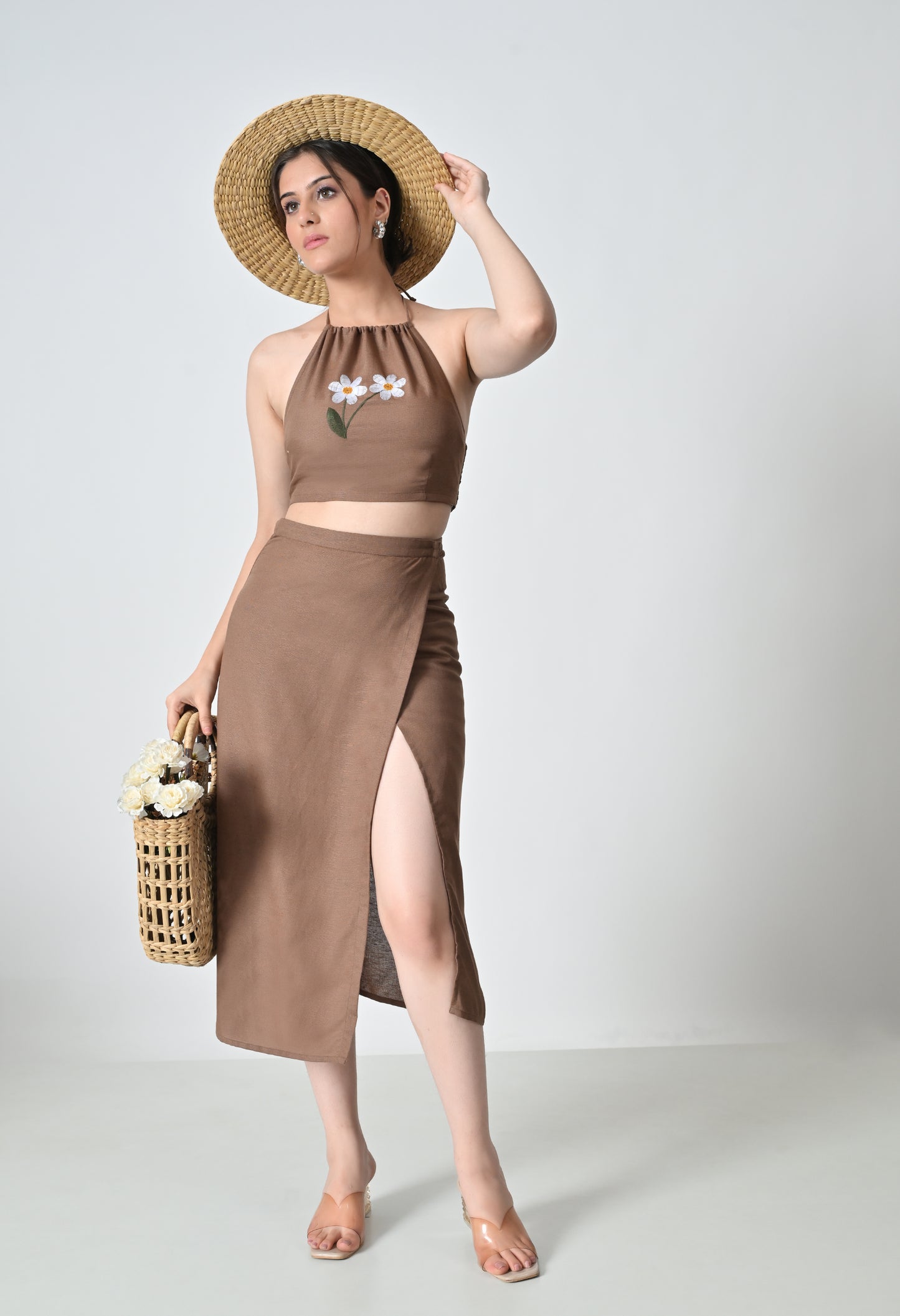 Brown Linen Co-ord Set with Floral Embroidered Top