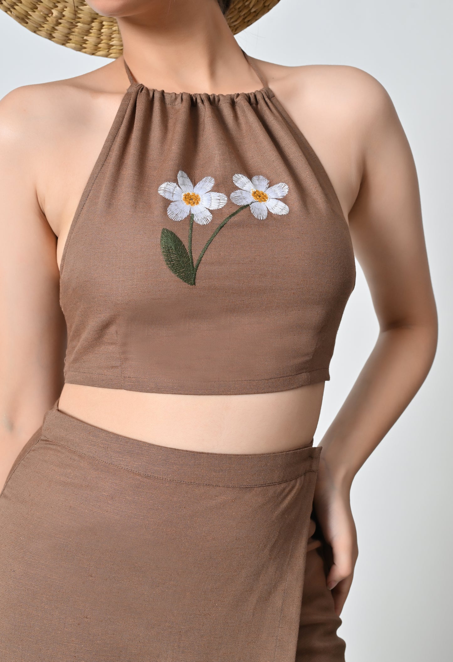 Brown Linen Co-ord Set with Floral Embroidered Top