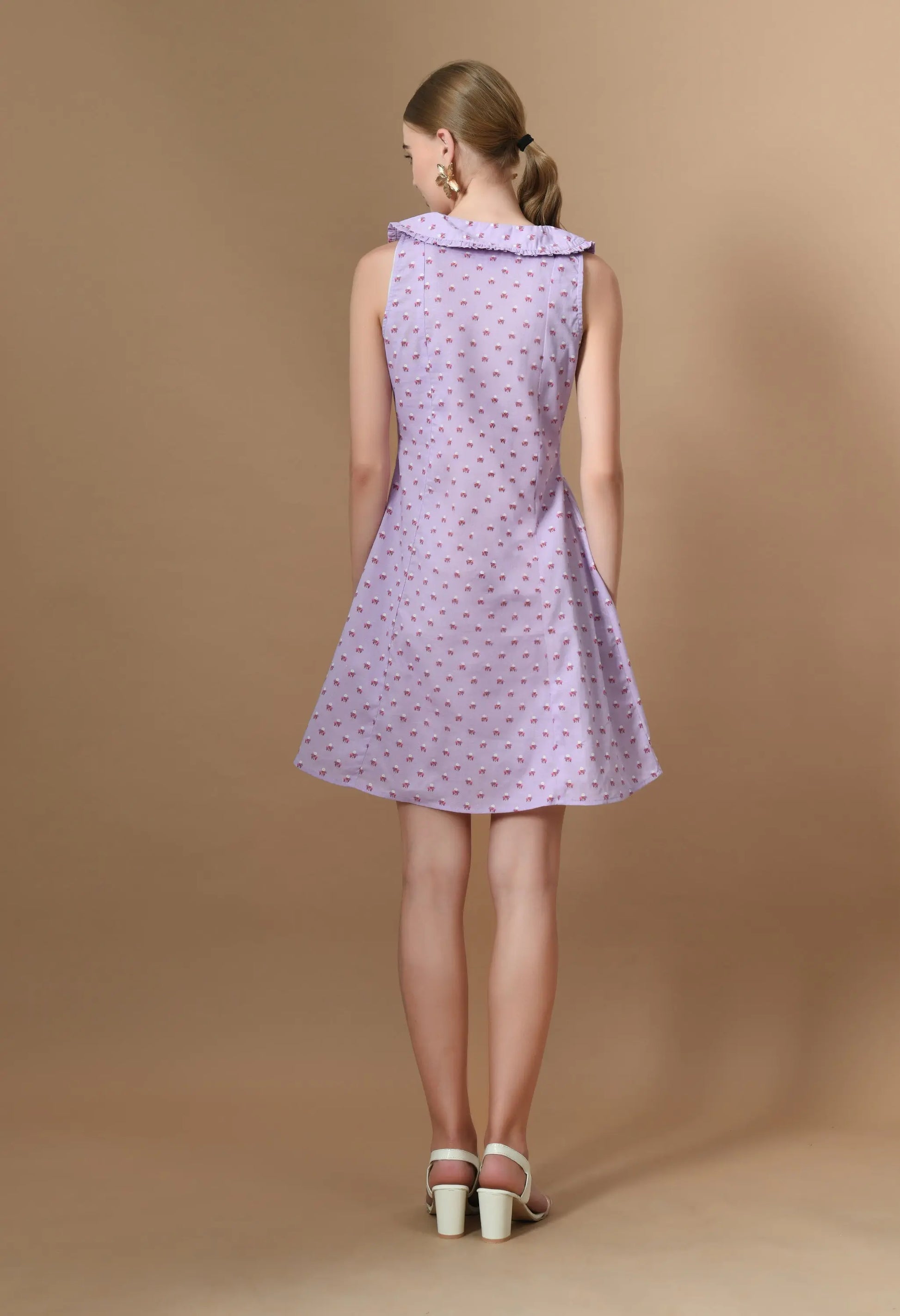 Purple Printed Scalloped Edge Collar Midi Dress HENCEMADE