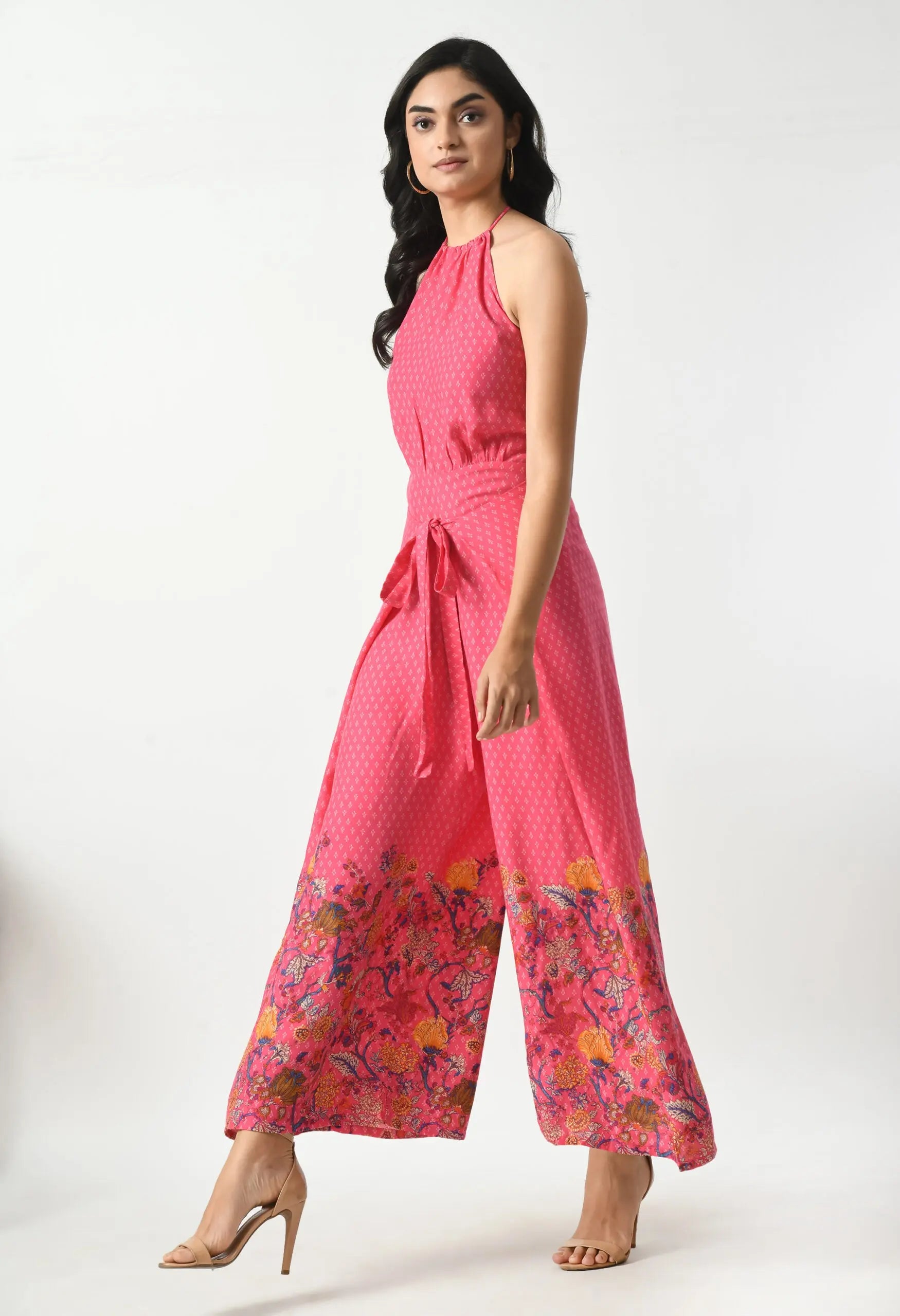 Printed Pink Tie Around Backless Jumpsuit hencemade