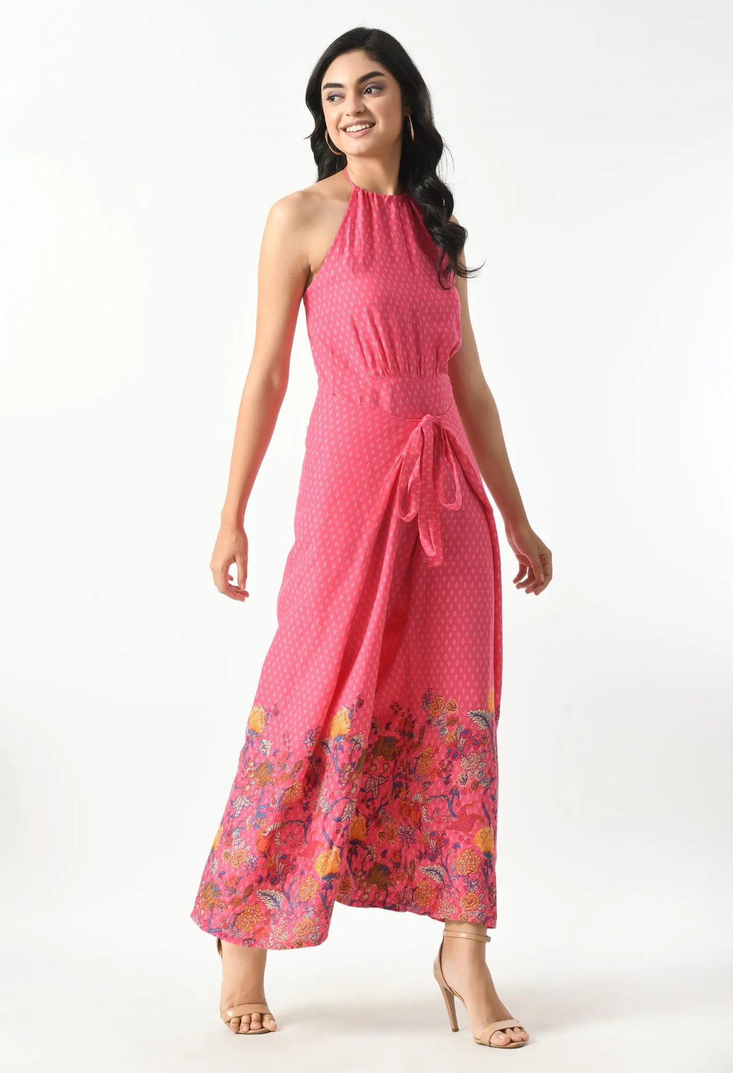 Printed Pink Tie Around Backless Jumpsuit hencemade
