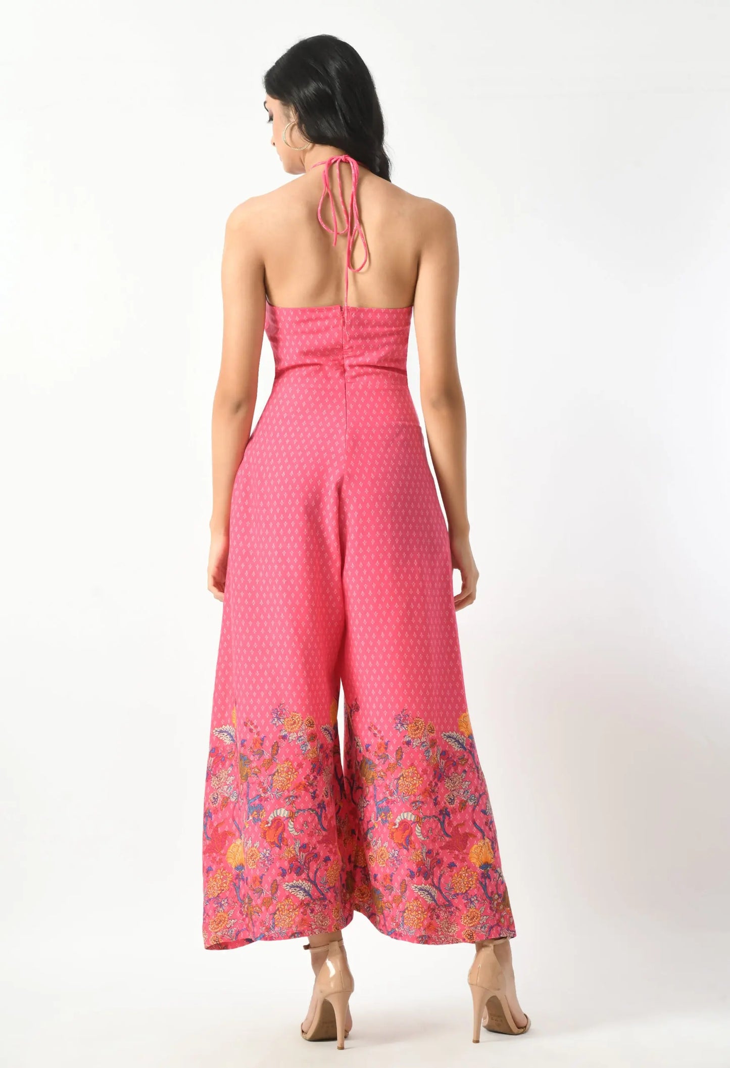 Printed Pink Tie Around Backless Jumpsuit hencemade