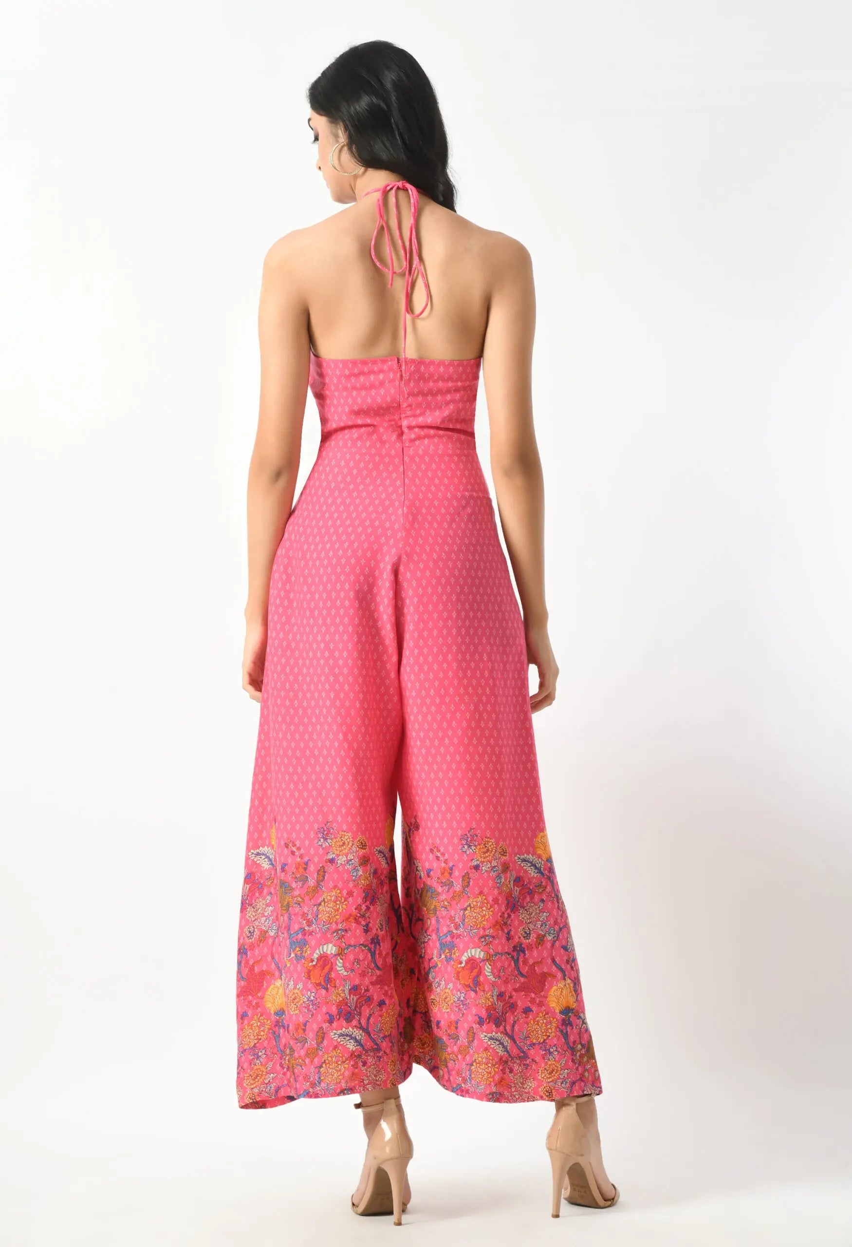 Printed Pink Tie Around Backless Jumpsuit hencemade