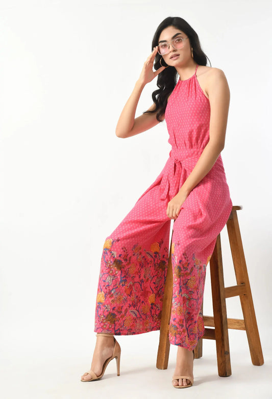 Printed Pink Tie Around Backless Jumpsuit hencemade