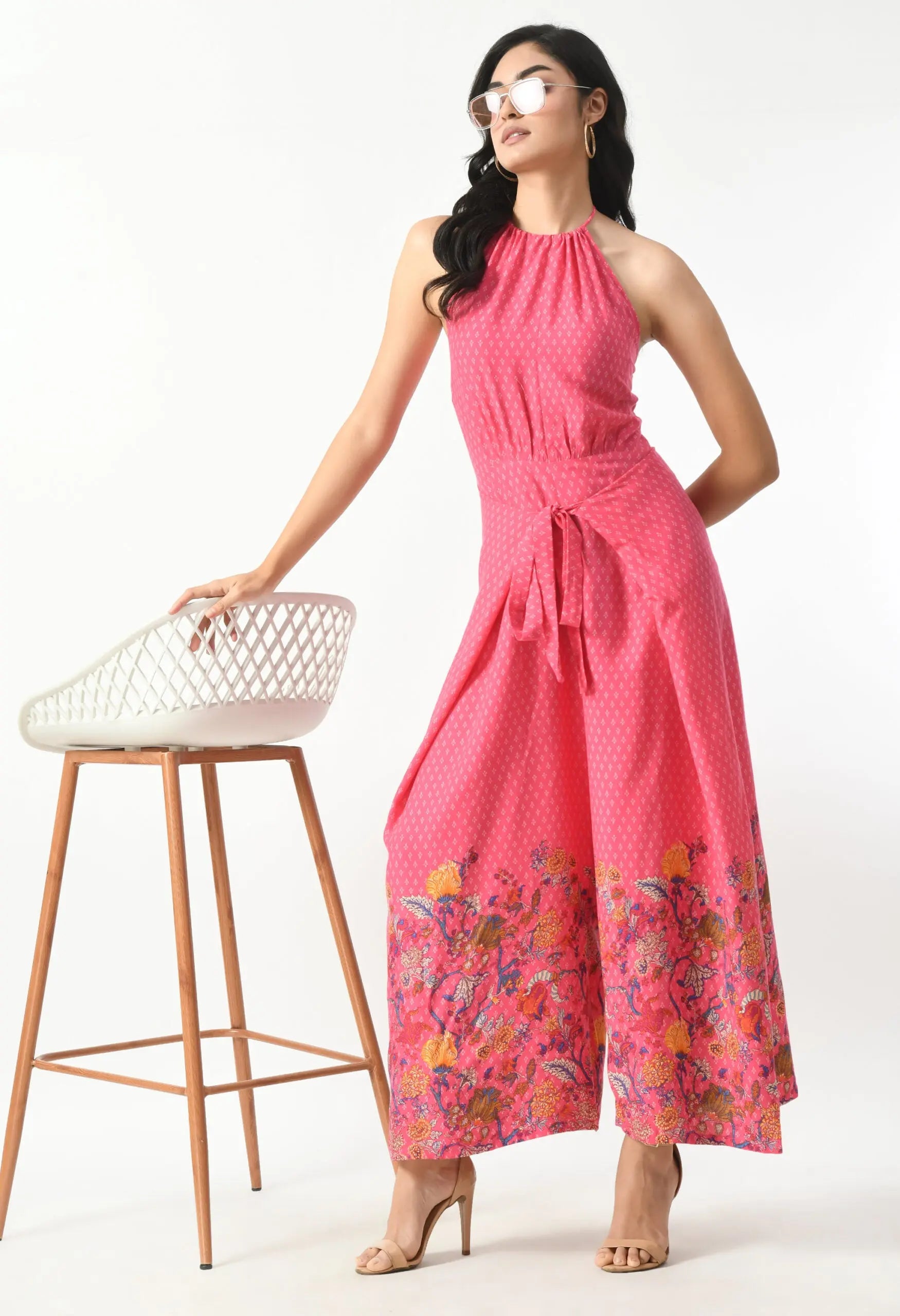 Printed Pink Tie Around Backless Jumpsuit hencemade