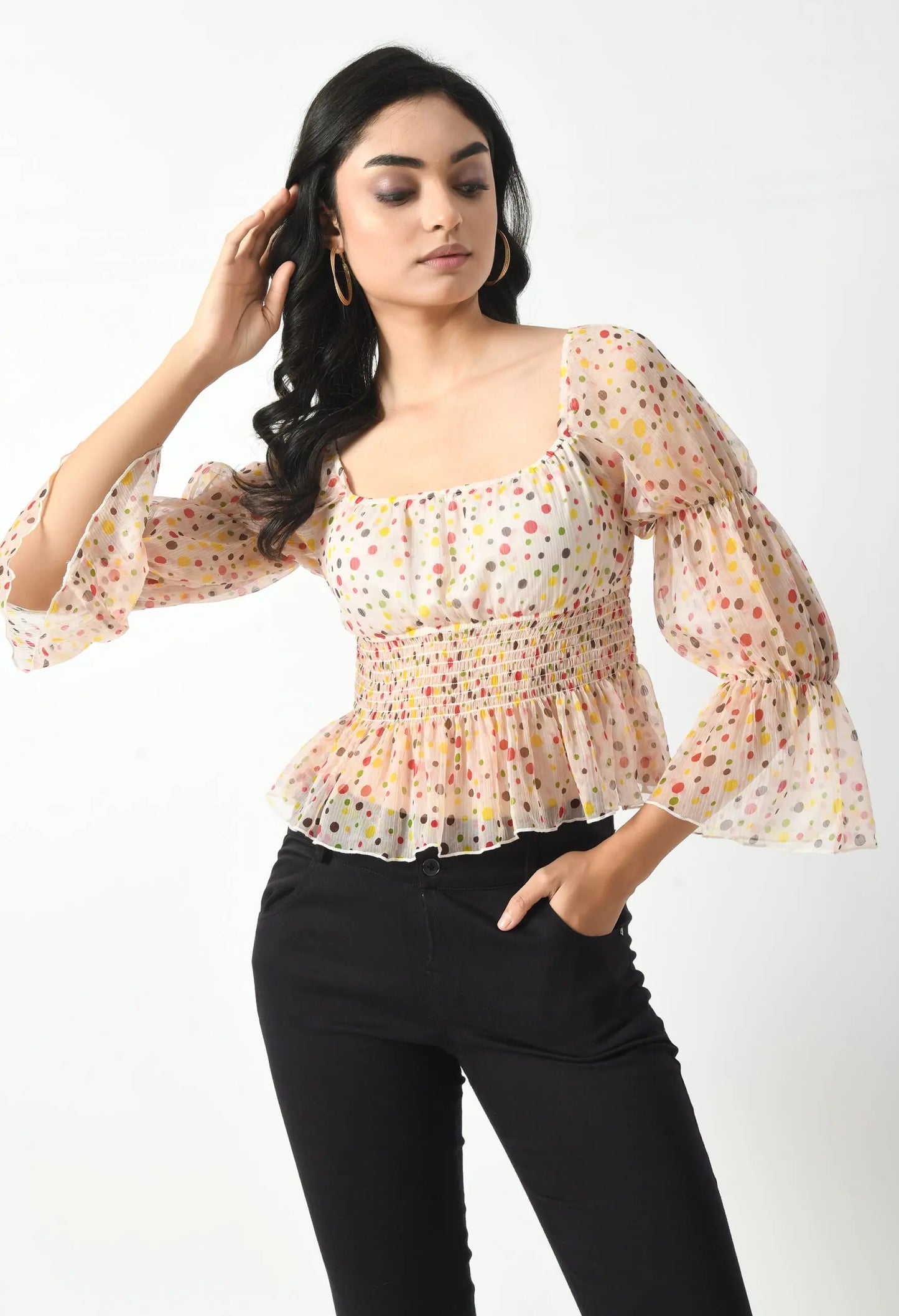 White Printed Smocked Fitted Top hencemade