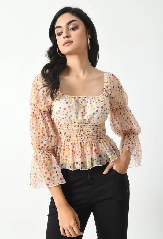 White Printed Smocked Fitted Top hencemade