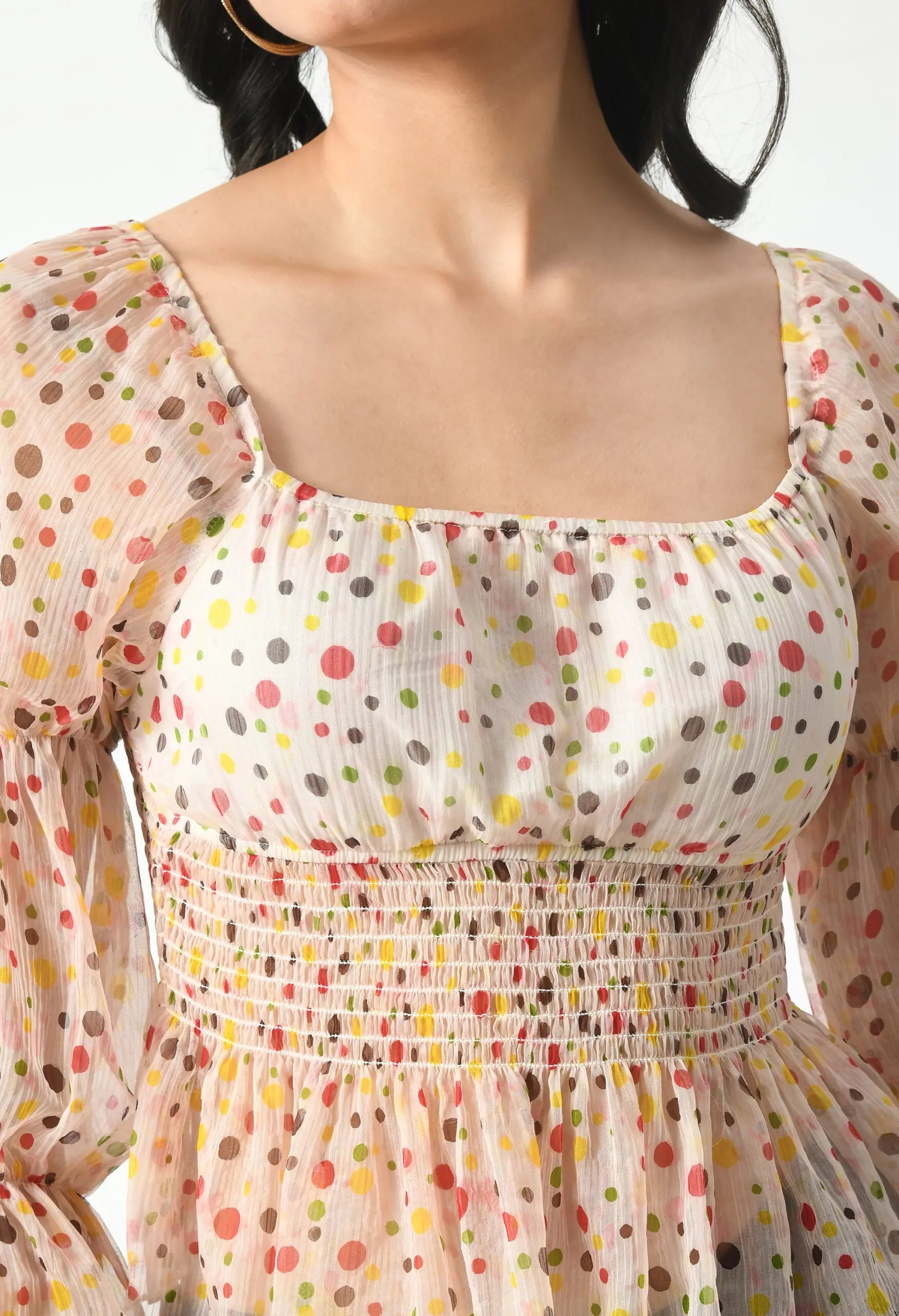 White Printed Smocked Fitted Top hencemade