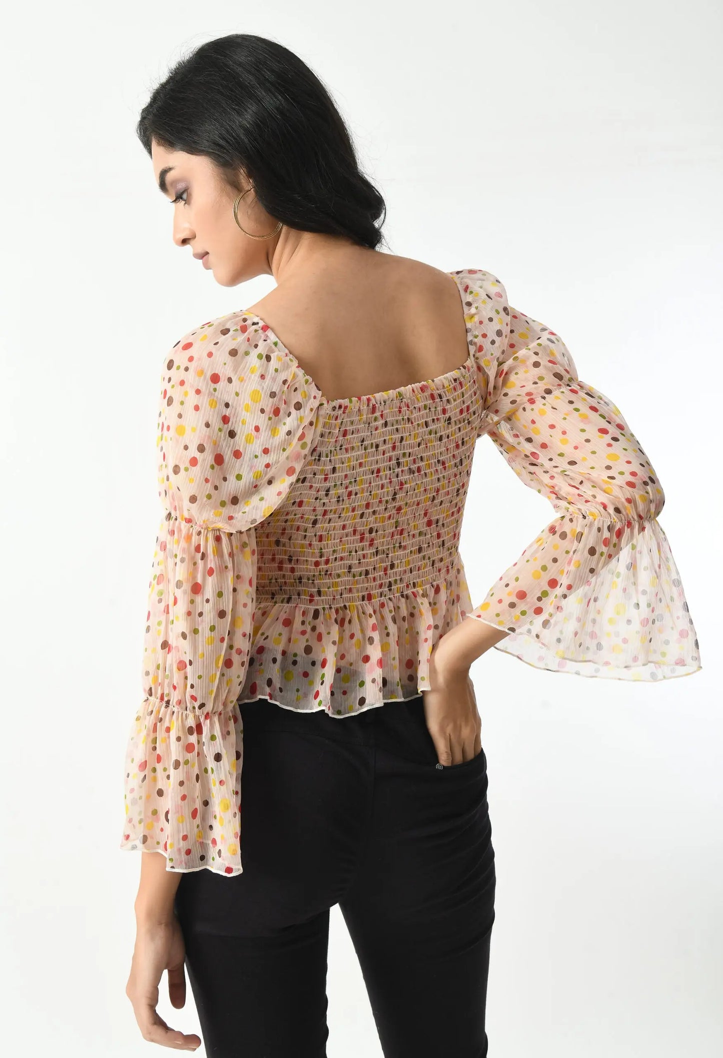 White Printed Smocked Fitted Top hencemade