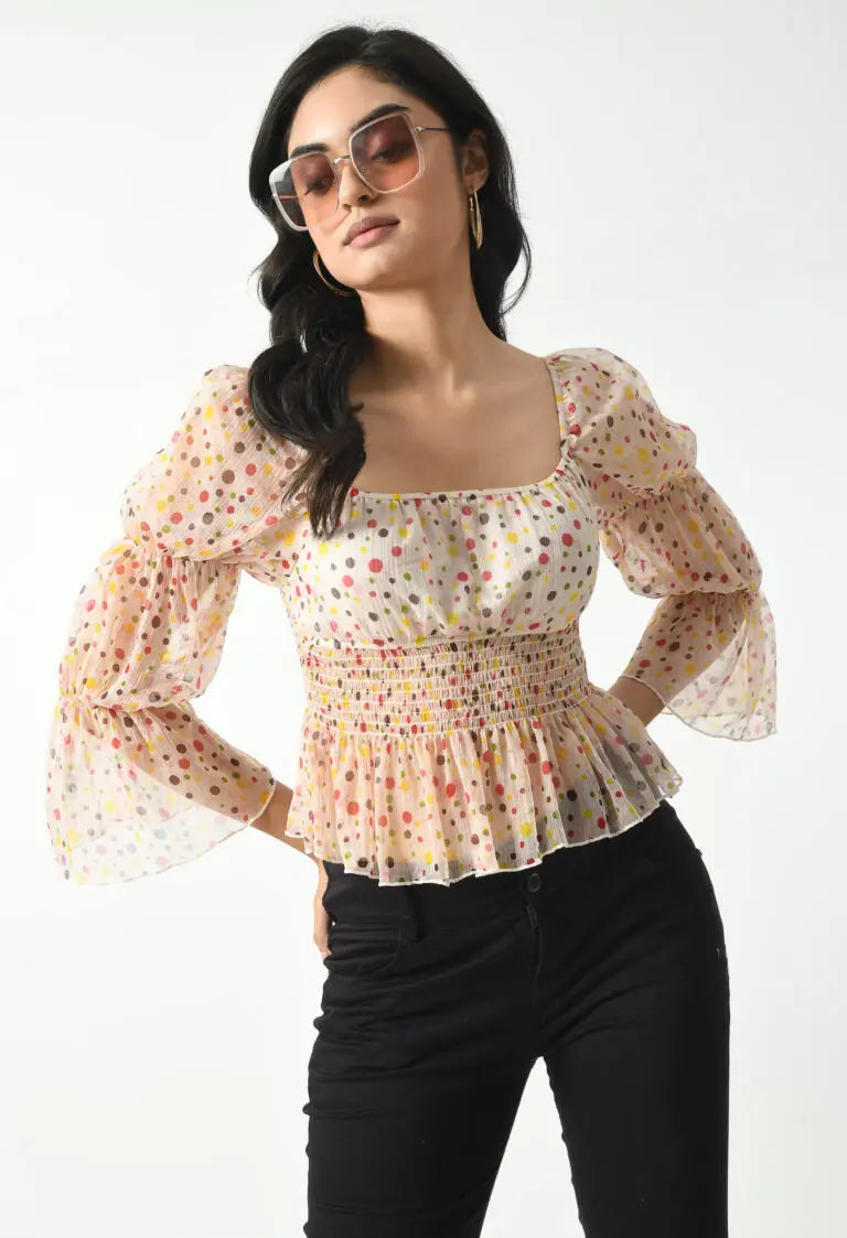 White Printed Smocked Fitted Top hencemade