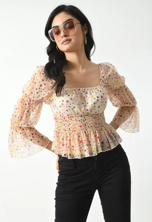 White Printed Smocked Fitted Top hencemade