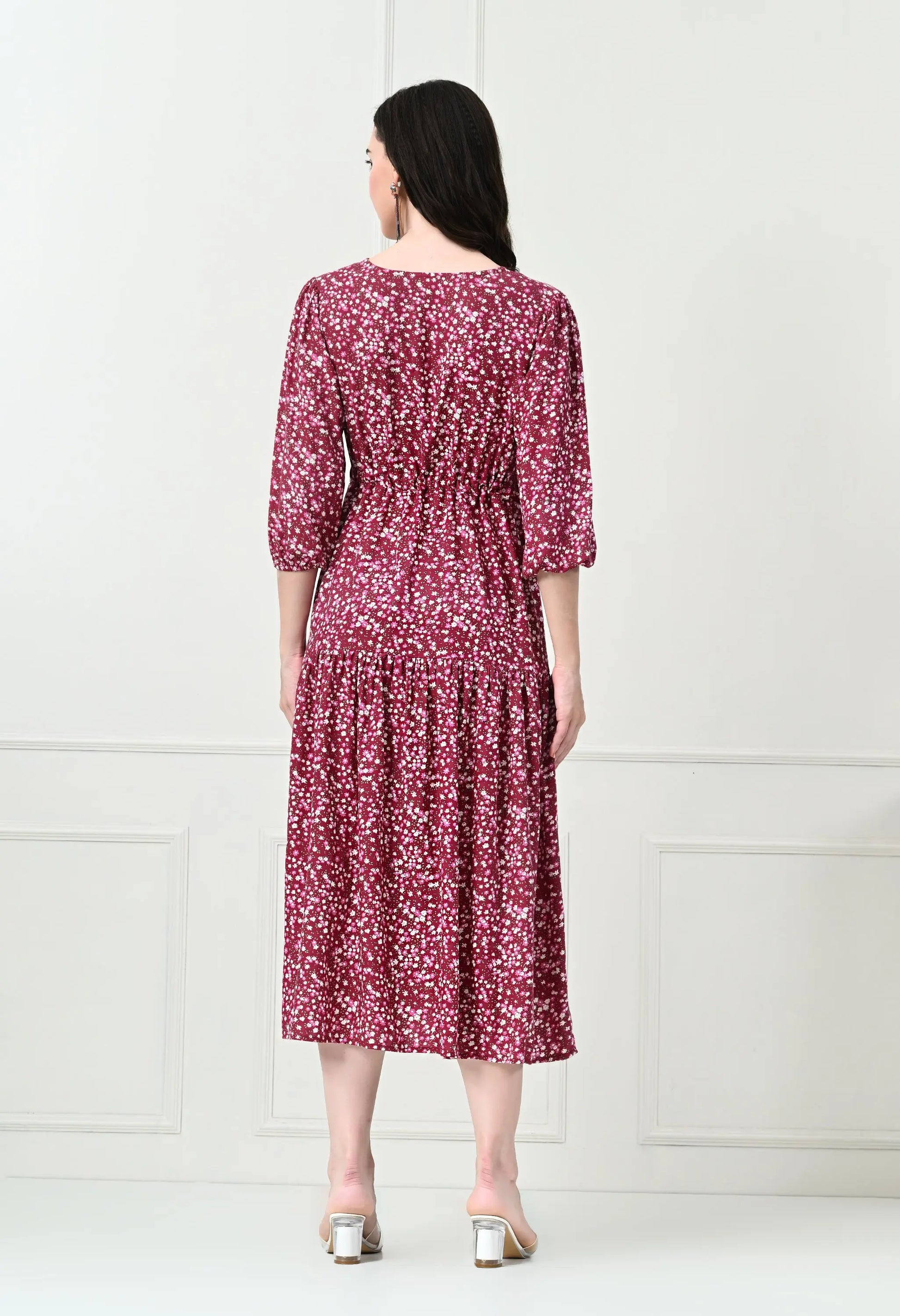 Wine Floral V-Neck Maxi Dress with Tie Waist HENCEMADE