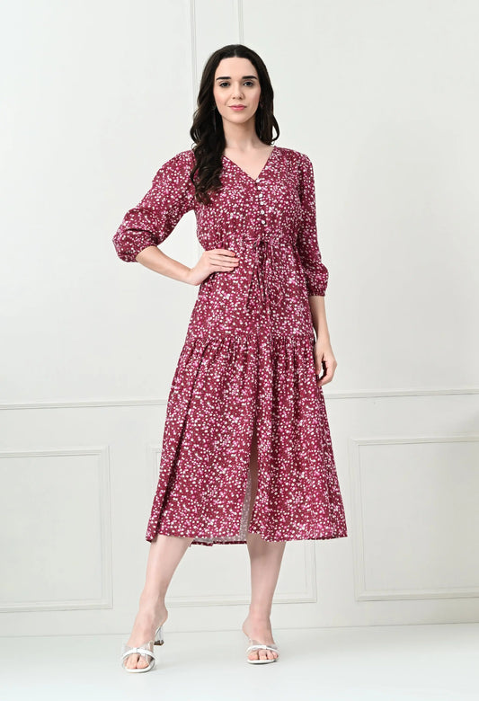 Wine Floral V-Neck Maxi Dress with Tie Waist HENCEMADE