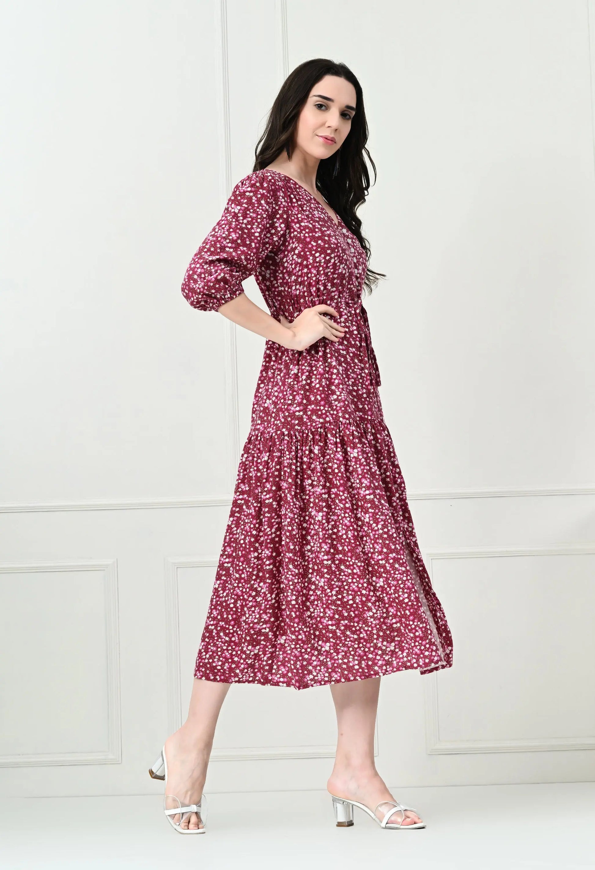 Wine Floral V-Neck Maxi Dress with Tie Waist HENCEMADE