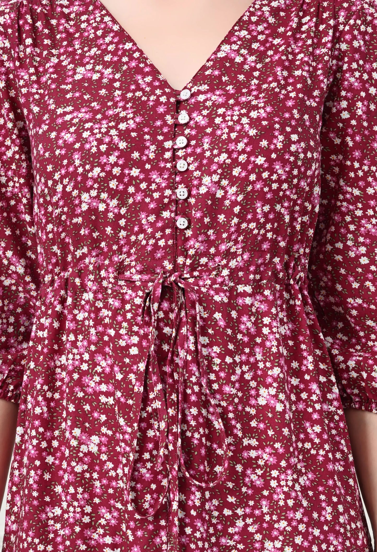 Wine Floral V-Neck Maxi Dress with Tie Waist HENCEMADE