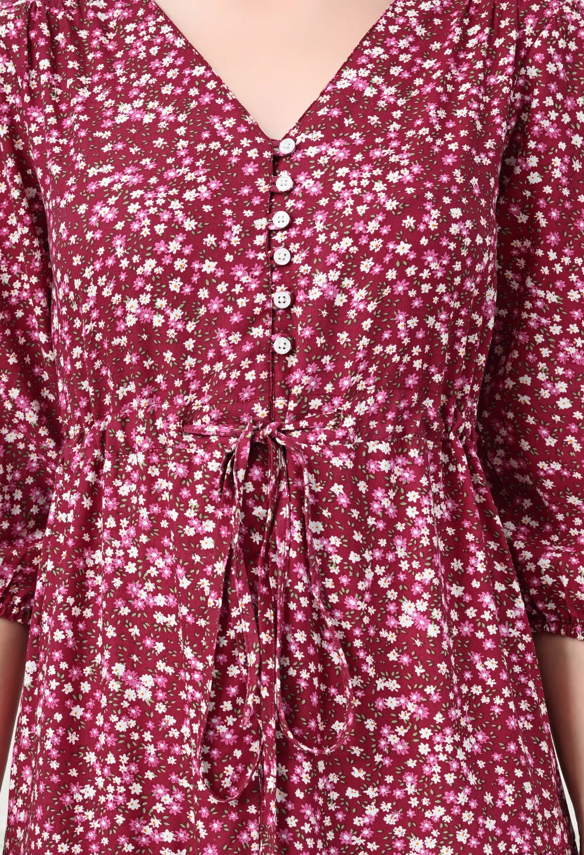 Wine Floral V-Neck Maxi Dress with Tie Waist HENCEMADE