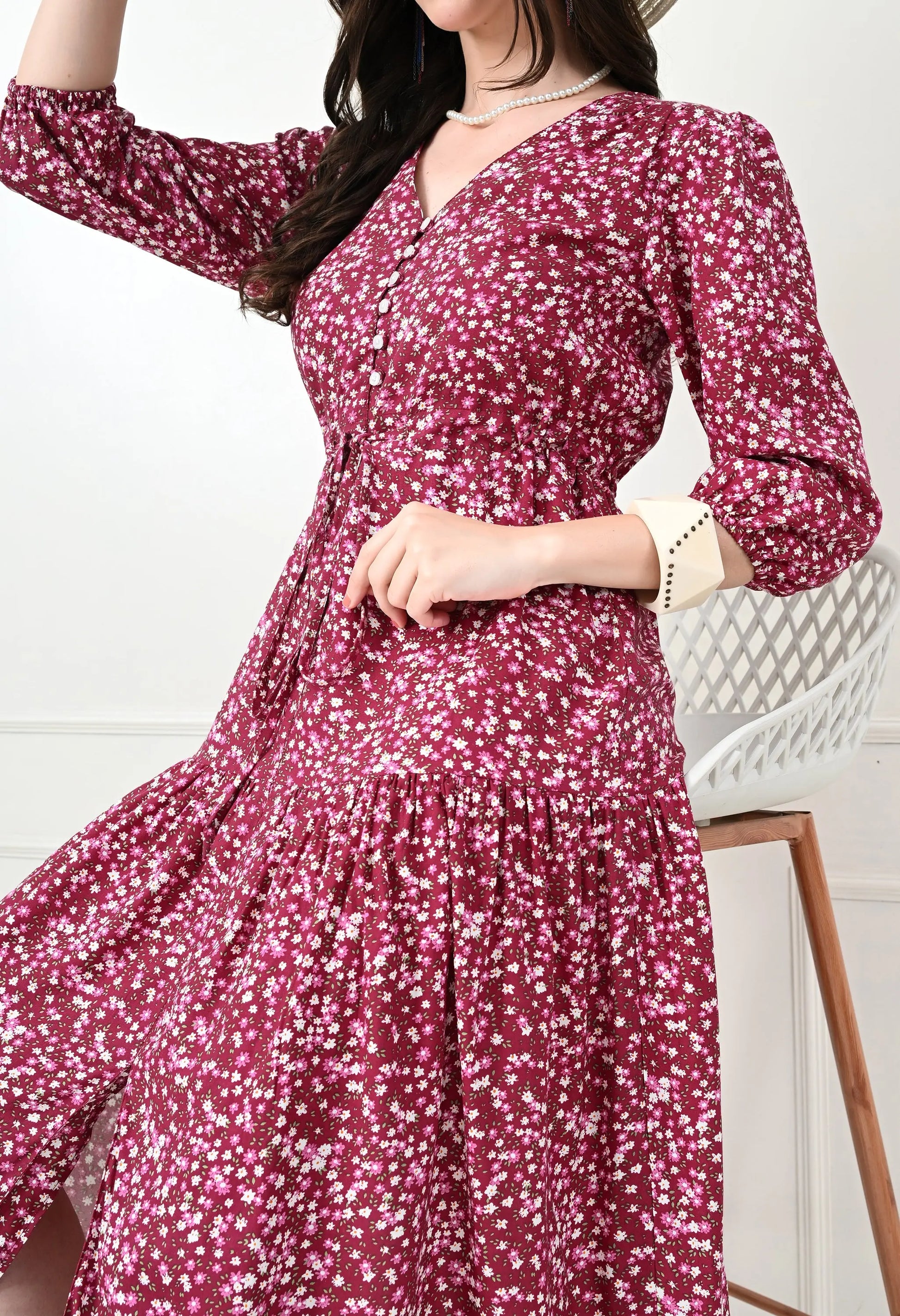 Wine Floral V-Neck Maxi Dress with Tie Waist HENCEMADE