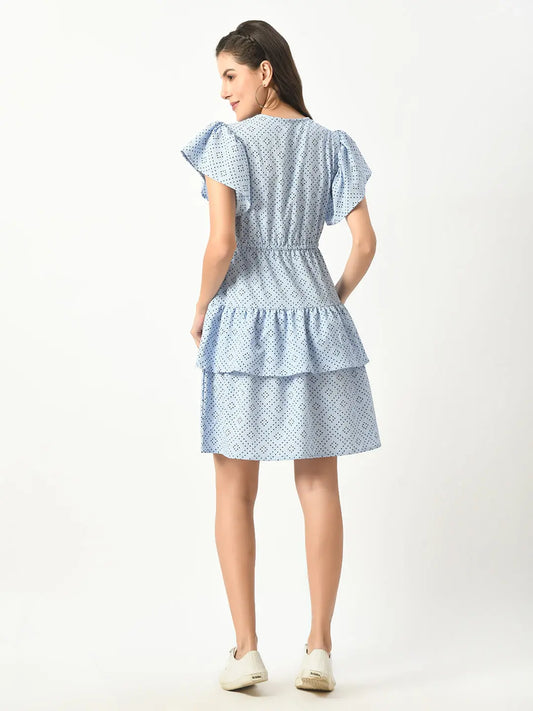 Luxurious Blue Tiered Mini Dress - Twisted V-Neck & Ruffled Sleeves hencemade